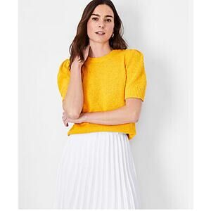 Ann Taylor Puff Sleeve Sweater Tee Goldenrod Yellow Cotton Blend M